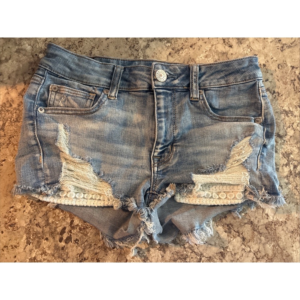 Vintage Y2K American Eagle Cutoff Denim Booty Shorts Crochet Pocket Size‎ 6